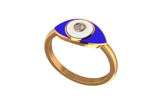 Evil Eye Ring - Blue and White Enamel - 14K Solid Gold
