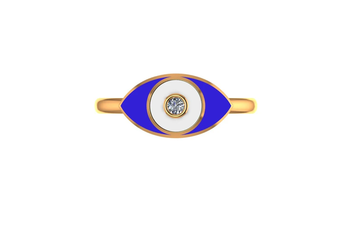 Evil Eye Ring - Blue and White Enamel - 14K Solid Gold